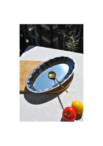 1 Adet Paslanmaz Çelik Dilimli Kayık Salata Sunum Tabağı 34 X 20 Cm Büyük Boy Kayık Tabak Gümüş
