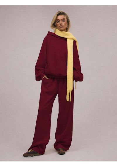 Macklin Unisex Kadın Erkek Baskısız Rahat Kalıp Oversize 3 İplik Kapüşonlu Hoodie Ve Baggy Eşofman Altı Bordo