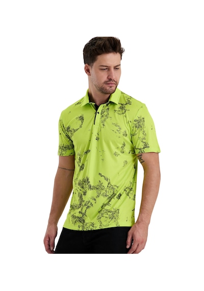 Gölge Desenli Spor Polo Yaka Erkek Kısa Kol Tişört Neon Yeşil
