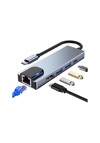 5in1 Type C To 4k Hdmı Çevirici 2xusb 3.0 Çoklayıcı 100w Pd Rj45