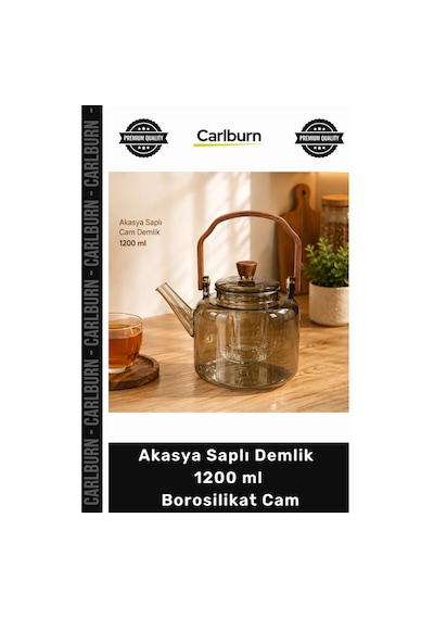 Demlik Isıya Dayanıklı Şık Süzgeçli Cam Tasarım Akasya Saplı Demlik 1200 Ml Borosilikat Cam Çok Renkli