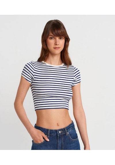 Nealirsanall.com Kadın Lacivert Beyaz Çizgili Crop Tişört - Bisiklet Yaka Fitilli Penye Krop Nealirsanall.com Kadın Lacivert Beyaz Çizgili Crop Tişört - Bisiklet Yaka Fitilli Penye Krop