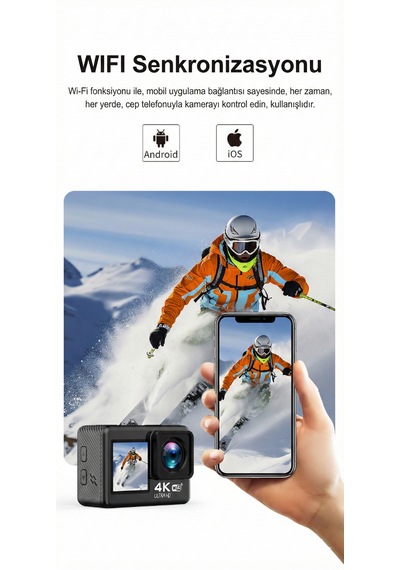 4k Wifi Aksiyon Kamera Çift Ekranlı Ultra Hd Spor Kamerası Su Geçirmez Kılıflı Uzaktan Kumandalı Siyah