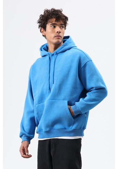 Vamos Basic Oversize Yıkamalı Hoodie Turkuaz
