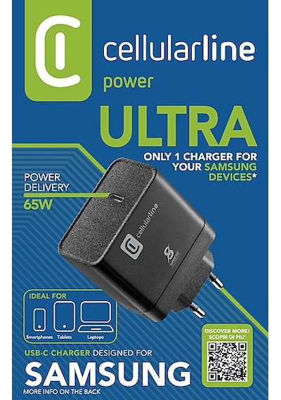 Cellularline Ultra PD USB 65W Type-C Şarj Adaptörü Siyah