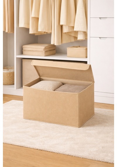 Serstil Orta Boy Kapaklı Kutu Hurç Kıyafet Battaniye Saklama Kutusu Organizer 50x40x30 Cm - Bej