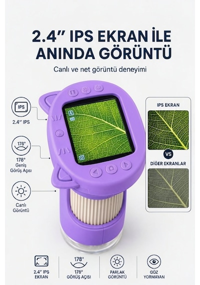 4berry Taşınabilir Fotoğraf Çekebilen Dijital Mikroskop 1000x 2.4 Ips Ekran, 2 Mp Kamera, 8 Led Işık, Type-c Şarjlı Mor