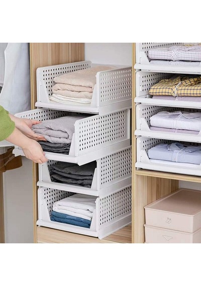 3'lü Raylı Elbise Dolap İçi Organizeri - Mutfak Banyo Düzenleme Depolama Üst Üste Dizilebilir 1, Beyaz Açık Beyaz