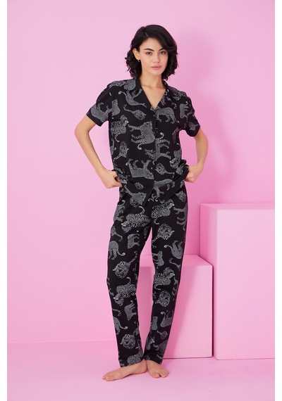 Siyah İnci Gömlek Yaka Düğmeli Örme Pijama Takım Siyah Kaplan