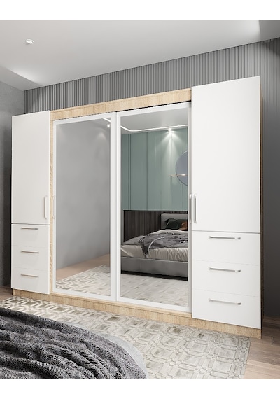 Bella Sürgü Kapaklı Dolap Gardırop Meşe Beyaz 270cm- Montaj Dahil