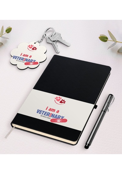 Kişiye Özel Veteriner Hekim Siyah Defter Kalem + Anahtarlık