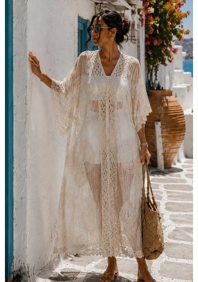 Asprinfashion Kadın İthal Dantel Pareo Kimono Plaj Elbisesi Ekru Bohem Yazlık Kaftan