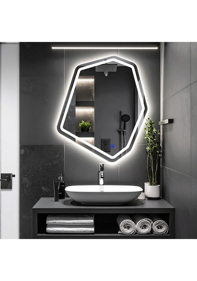 Fluxus Beyaz Led'li Lazer Kumlamalı Lavabo & Banyo Aynası Dokunmatik Sensörlü 90 X 76