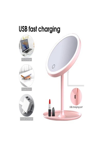 Pembe Renk Led Işıklı Usb Şarjlı Masa Üstü Makyaj Aynası Dokunmatik Makyaj Aynası