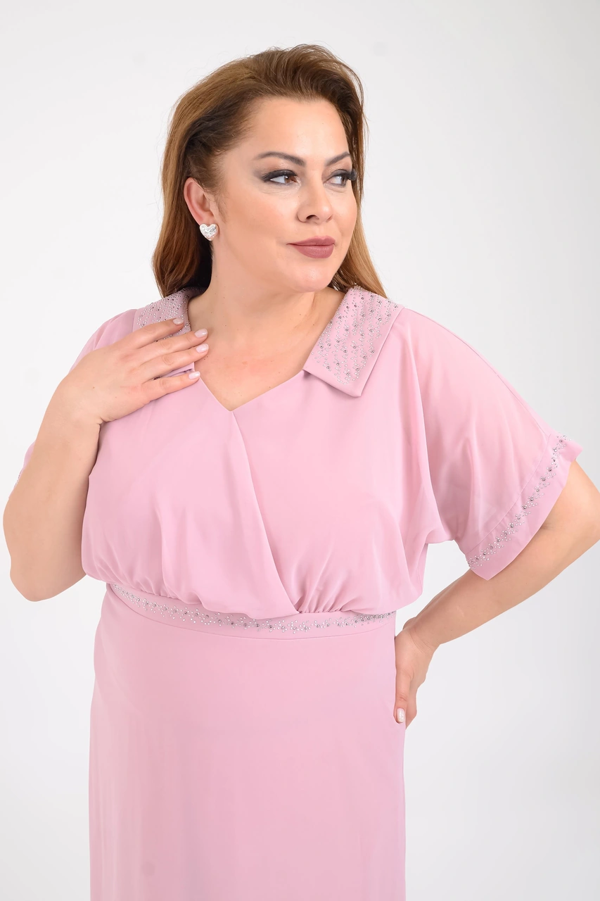 Lilas Xxl Büyük Beden Pudra Renkli Taş Baskılı Kısa Abiye Elbise Pudra