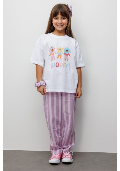 Le Mabelle Lila Hooray Baskılı Çizgi Desenli Çocuk Tişört Pantolon Takım - Edna Lila