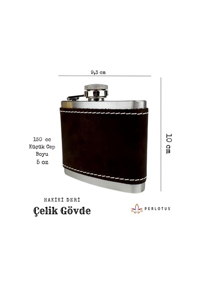 Perlotus 5 Oz 150 Cc Koyu Kahverengi El Yapımı Crazy Deri Kılıflı Çelik Viski Cep Matarası Kahverengi