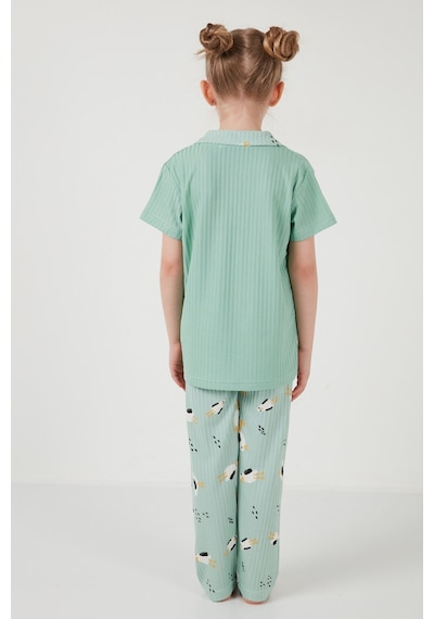 Lela Baskılı Beli Lastikli Gömlek Yaka Kısa Kollu Kız Çocuk Pijama Takımı 6576001 Mint