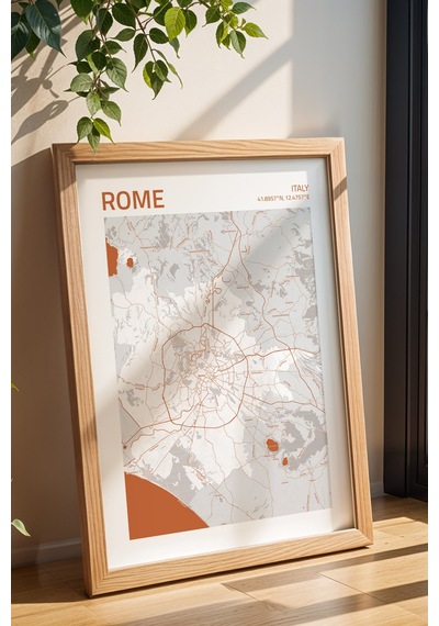 Roma İtalya Italy Haritası Çerçeveli Tablo Lüks Salon Ofis Duvar Dekorasyonu Hediyelik Tablo Kayın