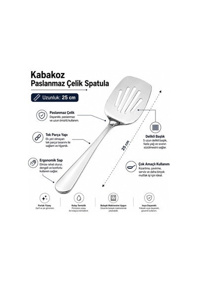 Paslanmaz Çelik Spatula, Delikli Mutfak Spatulası 25 Cm, Mutfak Seti, Premium Kalite Metal, Tek Parça Yapı