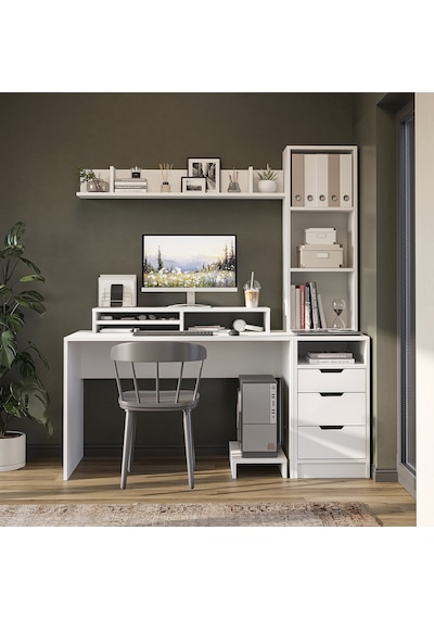 Mode Kitaplıklı Ve Raflı Çalışma Masası , Çalışma Ofis Masası , Bilgisayar Masası, Çekmeceli Çalışma Masası Mat Beyaz