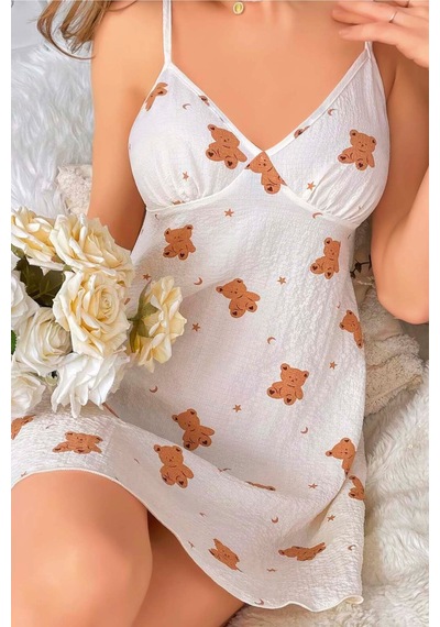 Fulla Moda Ayıcık Desenli İp Askılı Gecelik Beyaz