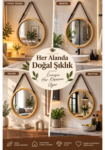 Bambu Çerçeveli Yuvarlak Duvar Aynası 30 Cm Ayarlanabilir Askı Kemerli Dekoratif Ayna Ahşap  - Bej