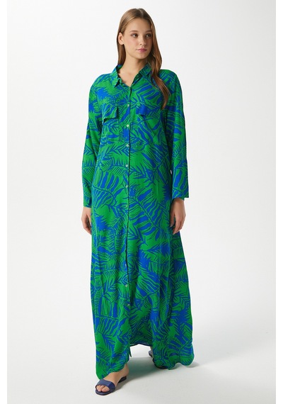 Ritnice Modest Kadın Leaf %100 Viskon Mavi Yeşil Önden Düğmeli Uzun Elbise Yeşilsaksmavi Çok Renkli Ritnice Modest Kadın Leaf %100 Viskon Mavi Yeşil Önden Düğmeli Uzun Elbise Yeşilsaksmavi Çok Renkli
