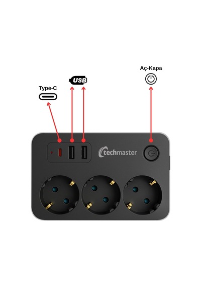 2 Usb + Type-c Akım Ve Çocuk Korumalı 3lü Kare Priz 2mt