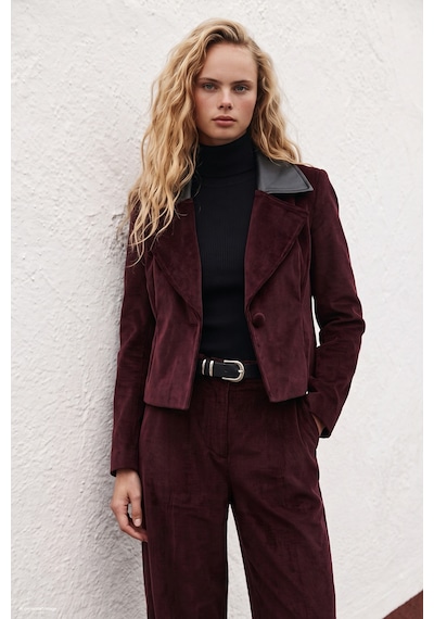Sateen Bedene Oturan Kadife Ceket - Bordo-138079