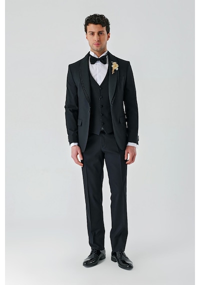 İmza Siyah Çıkarılabilir Şal Yaka Yelekli Likralı 6 Drop Slim Fit Smokin Damatlık 1001240203-Siyah