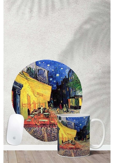 Van Gogh Cafe Terrace Desenli Bilek Destekli Mouse Pad Kupa Seti Mousepad