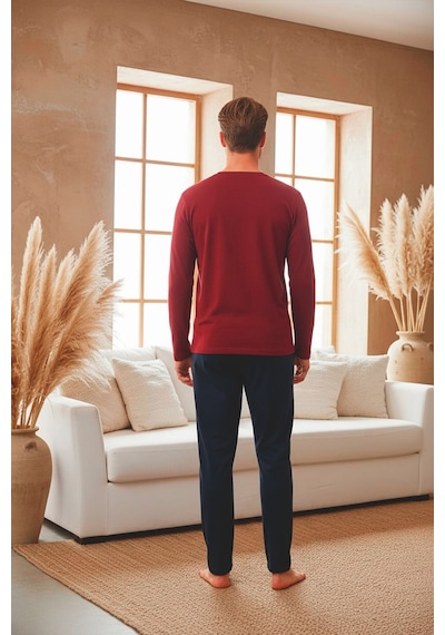 Kompedan Erkek Uzun Kollu 4 Mevsim Penye Süprem Önü Patlı Pijama Takımı Bordo 800 Bordo