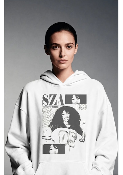 Sevbano Sza Rapper Şarkıcı Sırt Baskılı Unisex Oversize Premium Hoodie beyaz