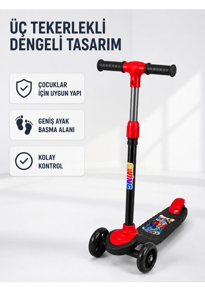 Çocuk Skuteri 3 Tekerlekli Geniş Basma Alanlı Ayarlanabilir Boy Scooter - Lisinya Kırmızı
