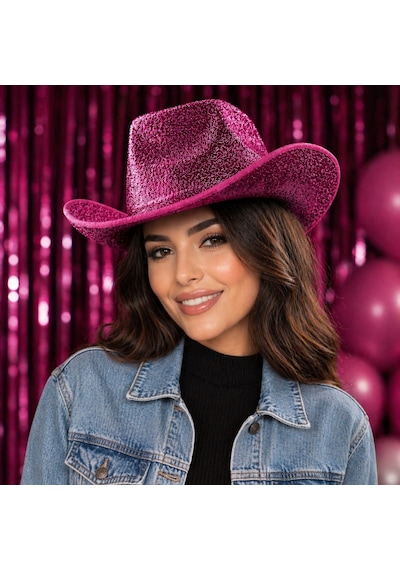 Nessiworld Parlak Pembe Kovboy Şapka Kadın Erkek Parti Disco Festival Şapkası Fuşya