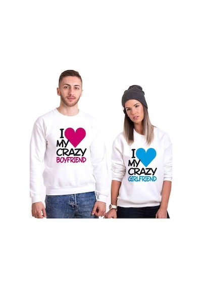 Tshirthane I My Crazy Boyfriend Sevgili Kombini Unisex Sweatshirt Kırık Beyaz