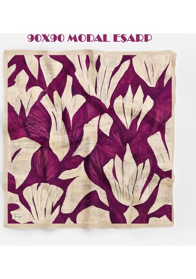Mira Desen 94x94cm Viskon Modal Eşarp Mürdüm-krem