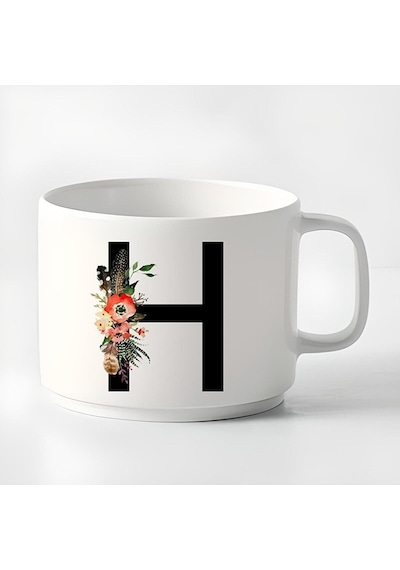 Duble Türk Kahvesi Fincanı & Espresso H Baş Harf Küçük Kupa 180 Ml Beyaz