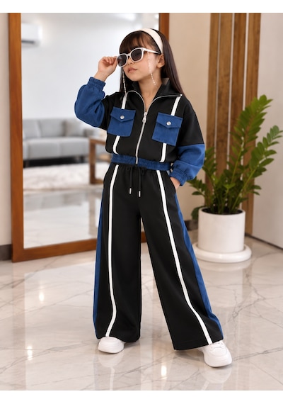 Kokoş Bebe Kot Garnili Şerit Detaylı Kız Çocuk 2 Li Eşofman Takım -5/12 Yaş - 31932 Siyah
