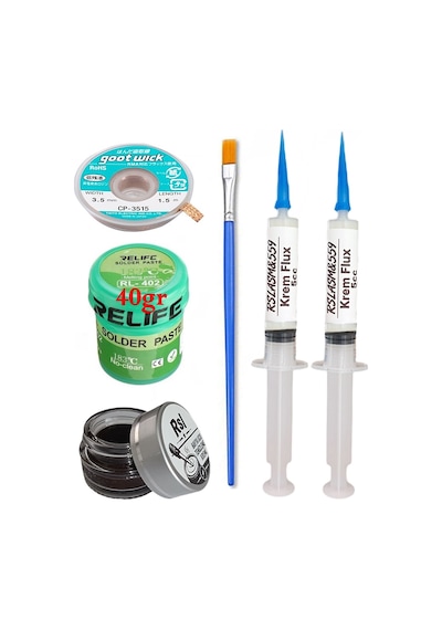 Relıfe Rl-402 Krem Lehim 183 C 40gr Havya Uç Temizleyici Flux Lehim Toplama Cp-3515 Emme Teli Fırça Seti01