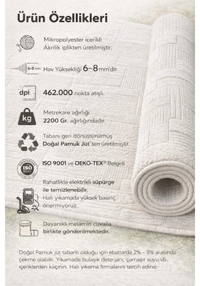 Krem Geometrik Desenli Halı Yumuşak Dokulu Pamuk Jüt Tabanlı