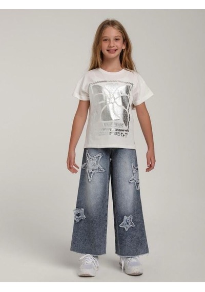 Escabel Kız Çocuk Pamuklu Gümüş Varak Desenli Tasarım T-shirt-15616 Beyaz