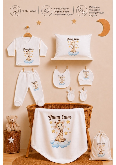 Pia Baby Kişiye Özel %100 Pamuk Erkek Bebek Hastane Çıkışı Zıbın Seti 8 Parça Kese Hediyeli 1114zybk0x Ekru