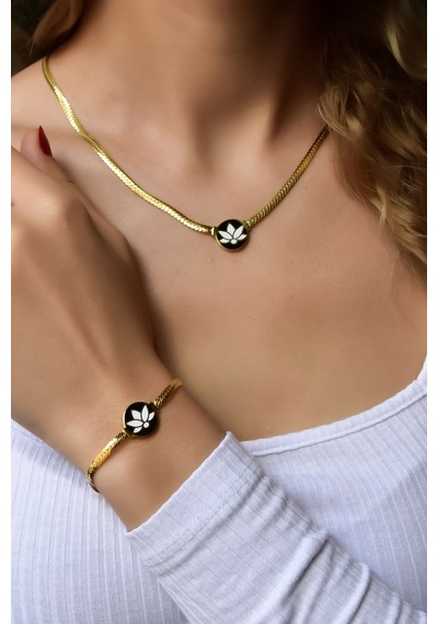 Papatya Silver 925 Ayar Gold Kaplama Mineli Lotus Çiçeği Yassı Zincir Kolye-Bileklik Set