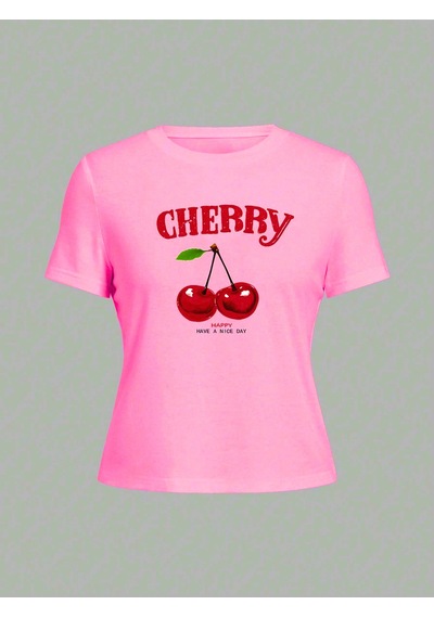 Cherry Happy Baskılı Pembe Tshirt Anne Kız Kombin - Oversize Bisiklet Yaka Tişört Lacivert-beyaz-278980