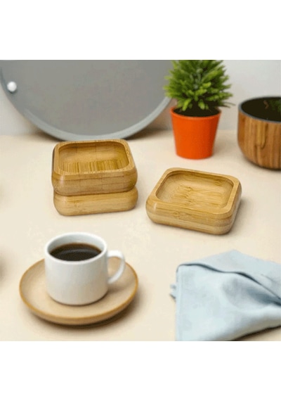 Bambu 9 Cm Kare 3 Lü Kase Seti Şık Ve Kullanışlı Sunum Kasesi, Atıştırmalık Ve Sos Kasesi Açık Kahverengi