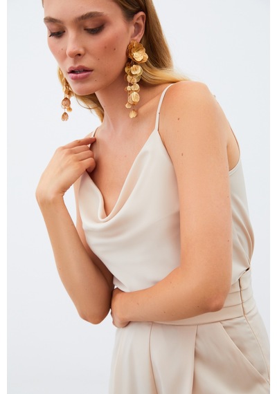 Sateen Degaje Yaka Saten Bluz - Bej-133348 Bej