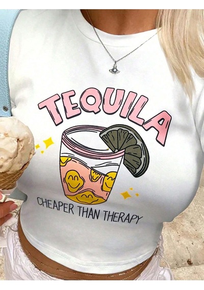 Startmore Kadın Beyaz Emoji Tequıla Baskılı Baby Tee Crop