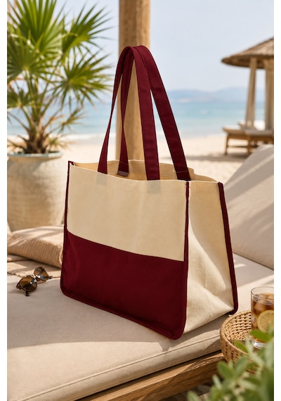 Yunusoğlu Home Geniş Hacimli Ham Bez Plaj Çantası İç Cepli Şık Tasarım Bordo 35 Cm X 45 Cm